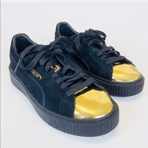 Puma‎ Suede Platform Sneakers Black With Gold Top - Picture 3 of 6